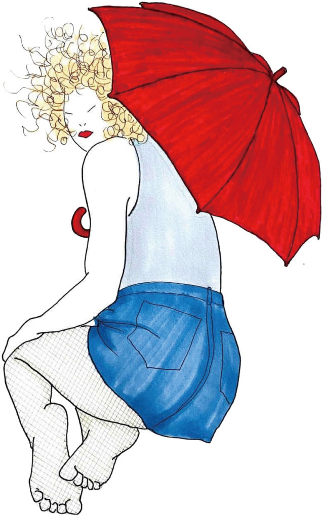 赤い傘を持った人物画。
服装は袖なしのピタっとした服と青いミニスカート。姿勢は座って振り返っている。